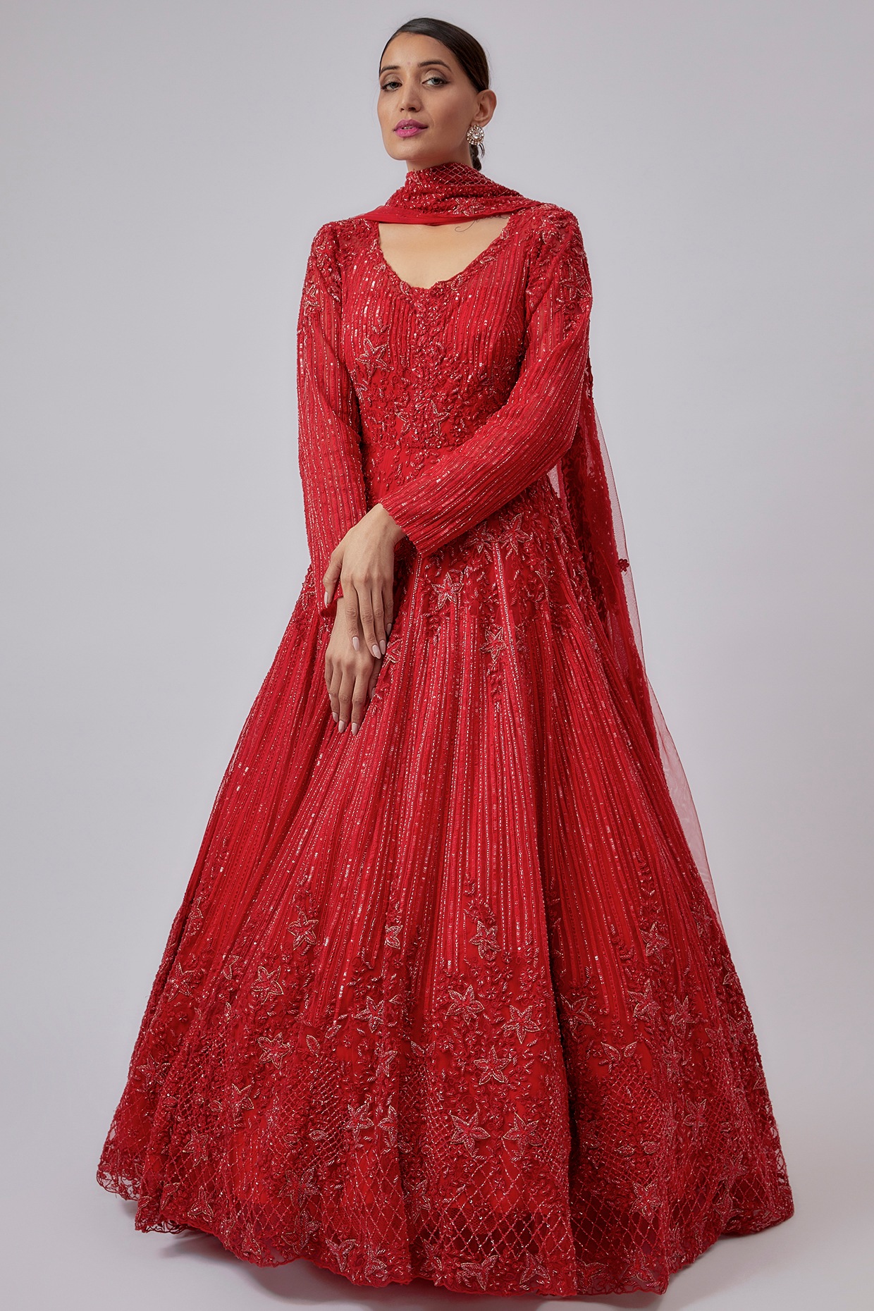 Red Printed Gown with Dupatta | Leemboodi